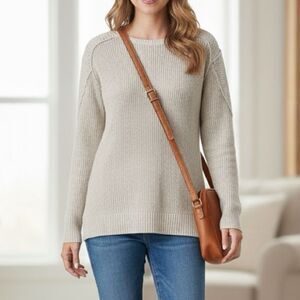 Michael Stars Textured Cotton Boho Sweater Side Slits Sand M/L